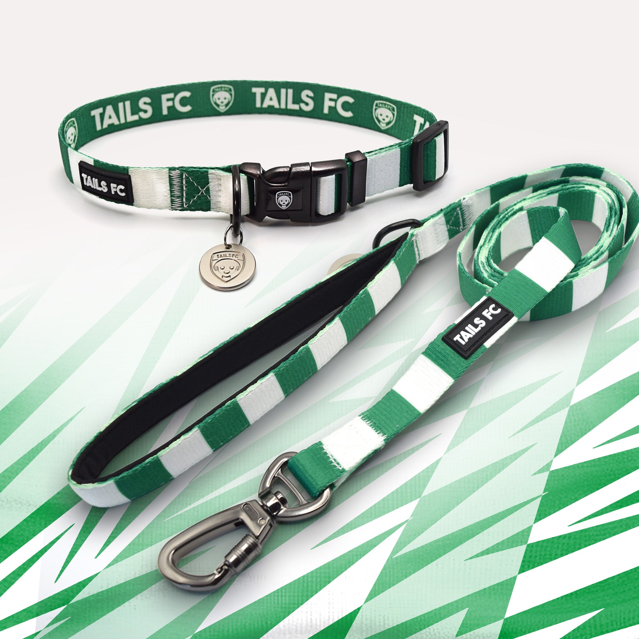 Celtic green and white striped pet collar and leash set with 'TAILS FC' branding.