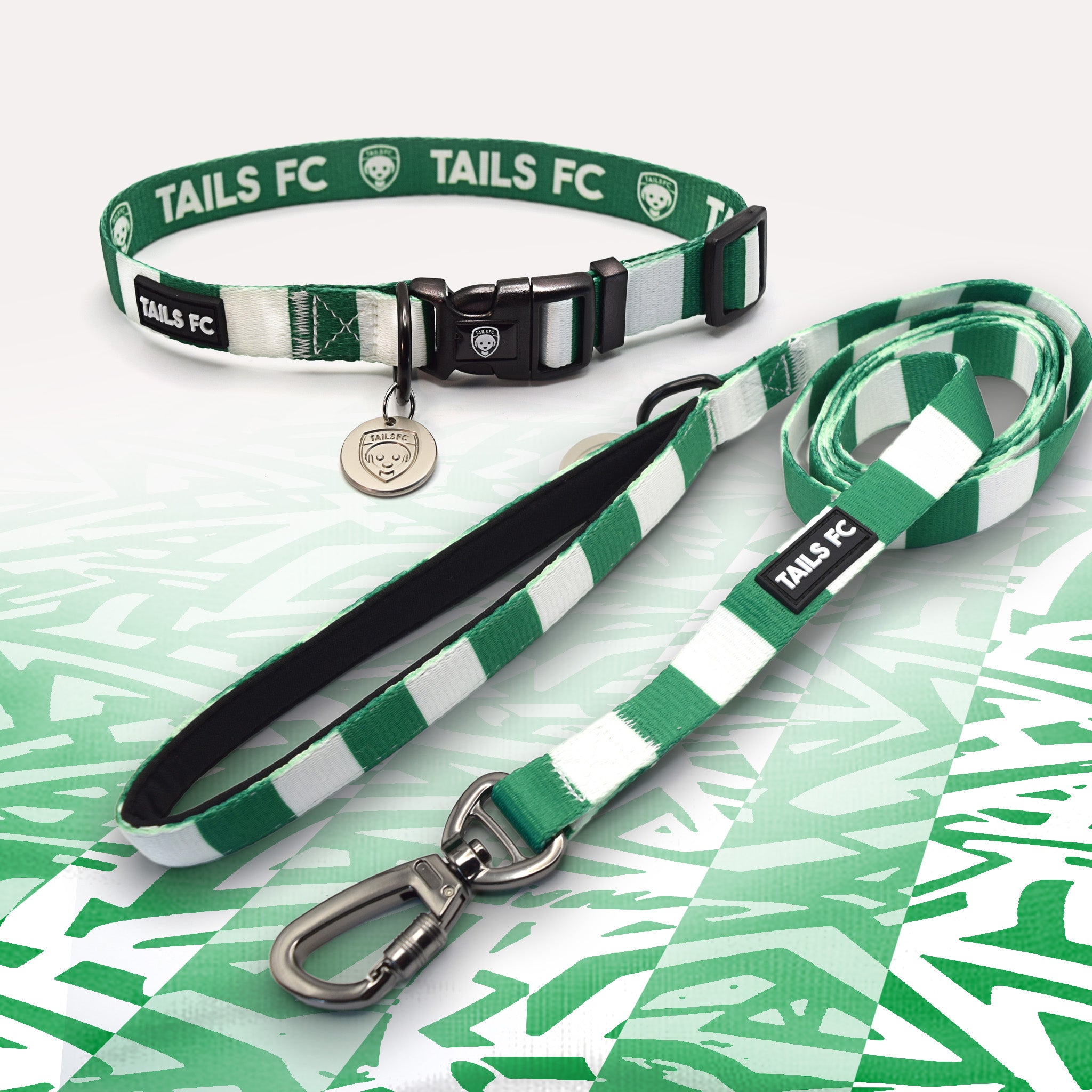 Hibernian green and white striped pet collar and leash set with 'TAILS FC' branding.