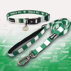 Northern Ireland Green and White striped pet collar and leash set with 'TAILS FC' branding.