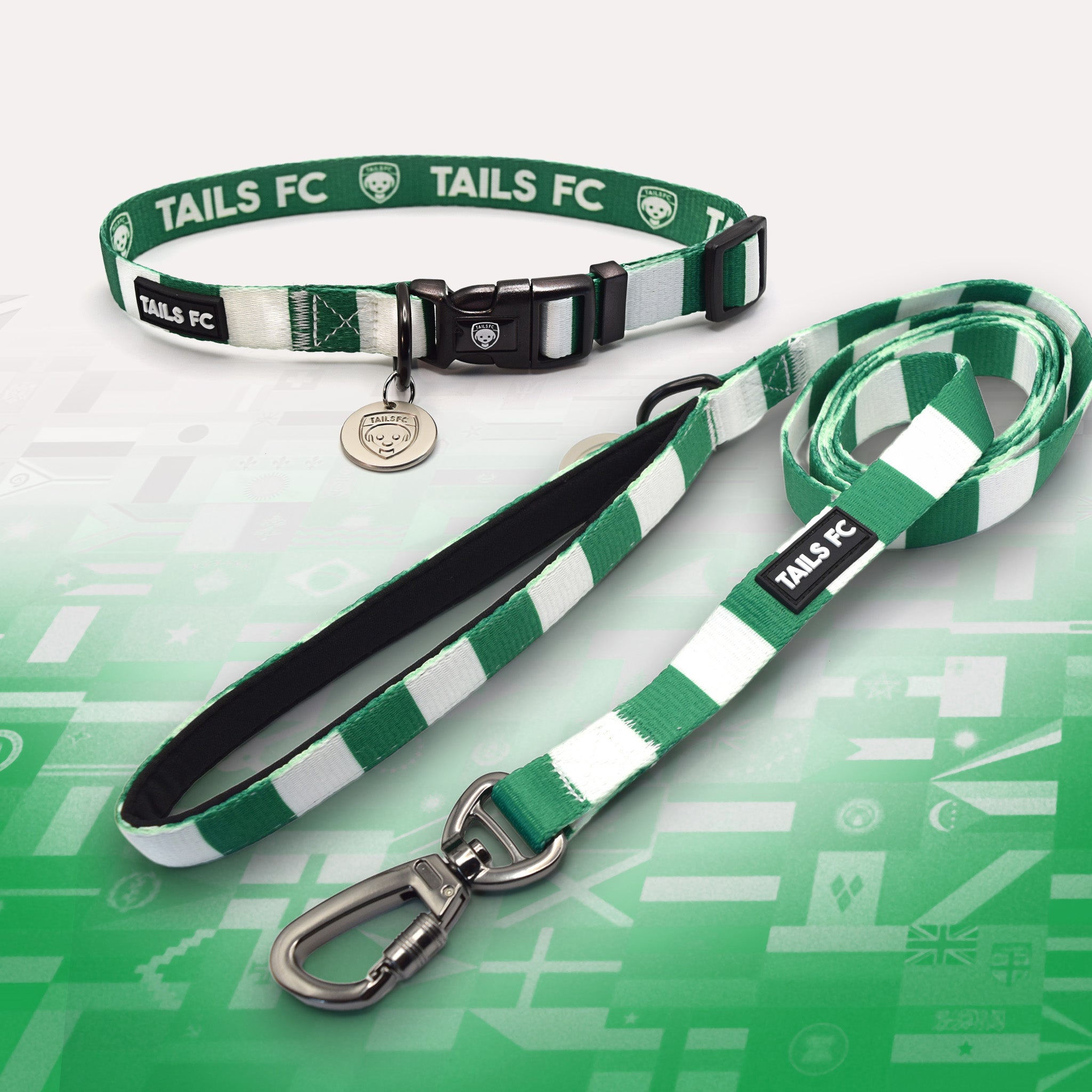 Northern Ireland Green and White striped pet collar and leash set with 'TAILS FC' branding.