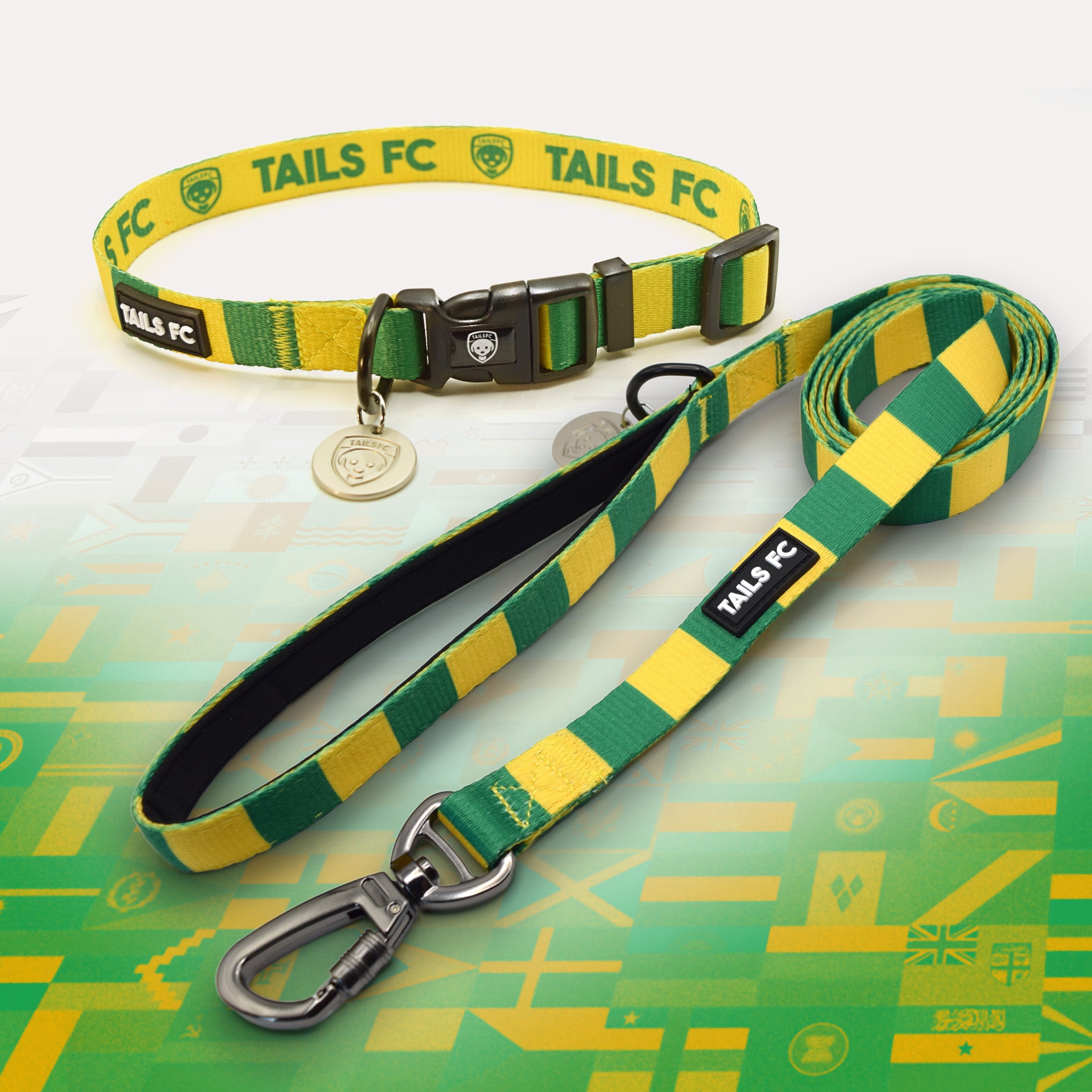 Brazil green and yellow striped pet collar and leash set with 'TAILS FC' branding.