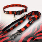 Red and Black striped pet collar and leash set with 'TAILS FC' branding.
