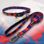 Barcelona red and blue striped pet collar and leash set with 'TAILS FC' branding.