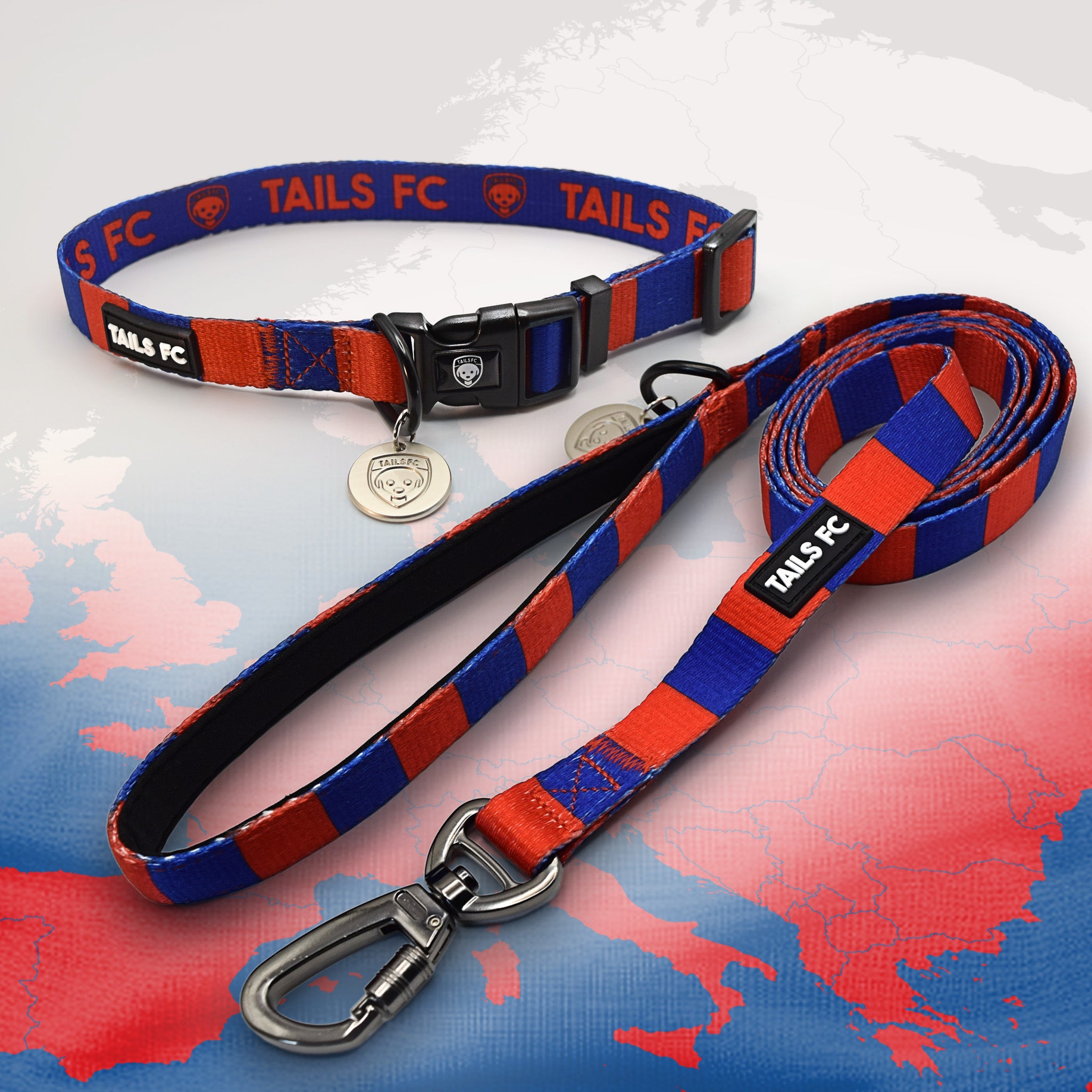 Barcelona red and blue striped pet collar and leash set with 'TAILS FC' branding.