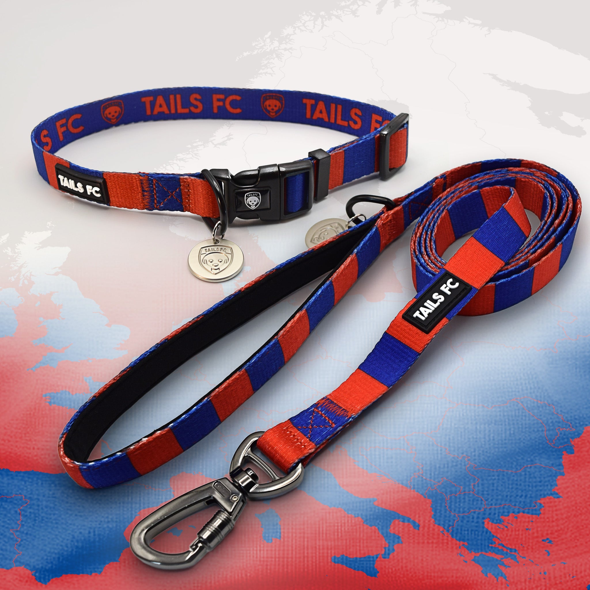 PSG red and blue striped pet collar and leash set with 'TAILS FC' branding.