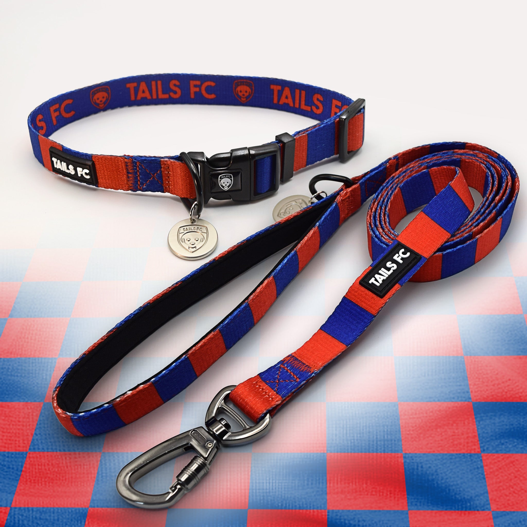 Red and Blue striped pet collar and leash set with 'TAILS FC' branding.