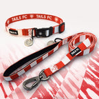 Aberdeen red and white striped pet collar and leash set with 'TAILS FC' branding.