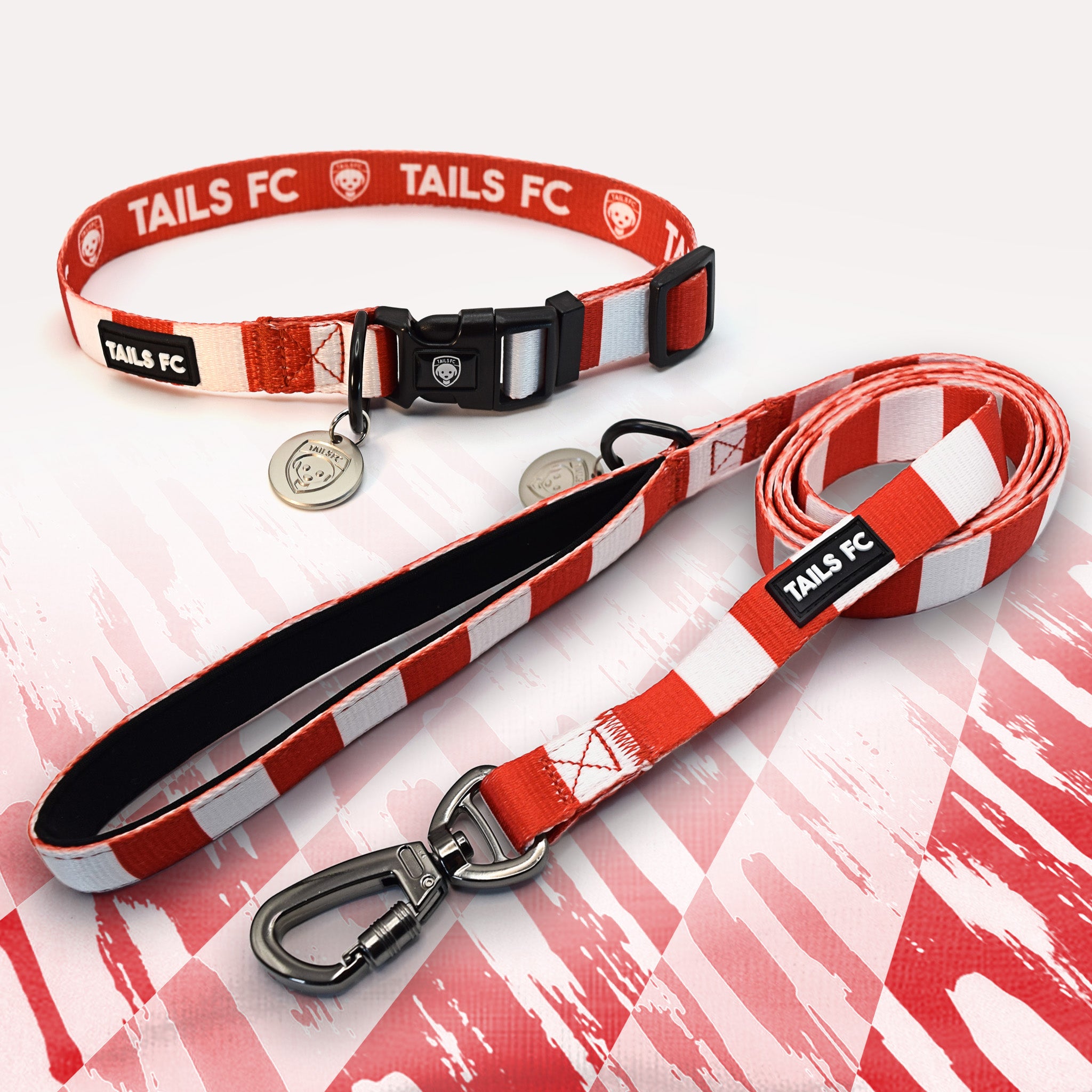 Aberdeen red and white striped pet collar and leash set with 'TAILS FC' branding.