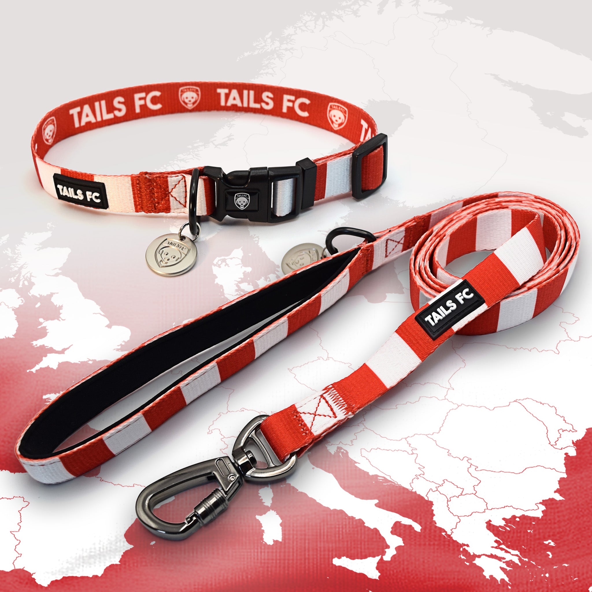 Bayern Munich red and white striped pet collar and leash set with 'TAILS FC' branding.