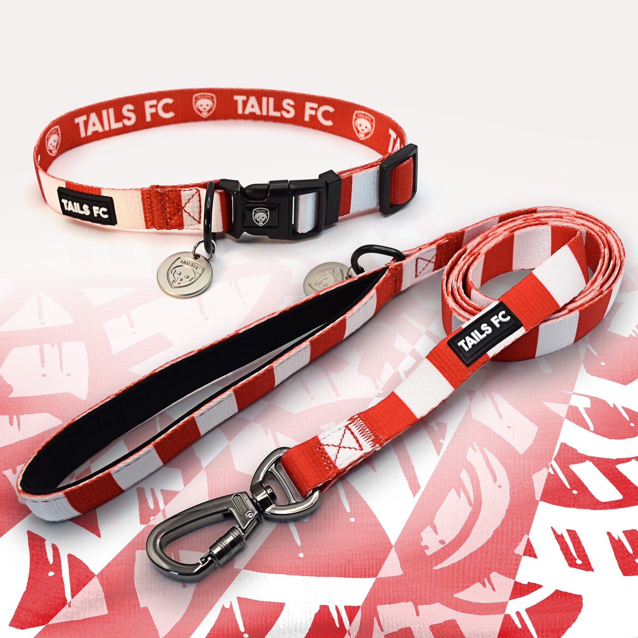 Bristol City red and white striped pet collar and leash set with 'TAILS FC' branding.