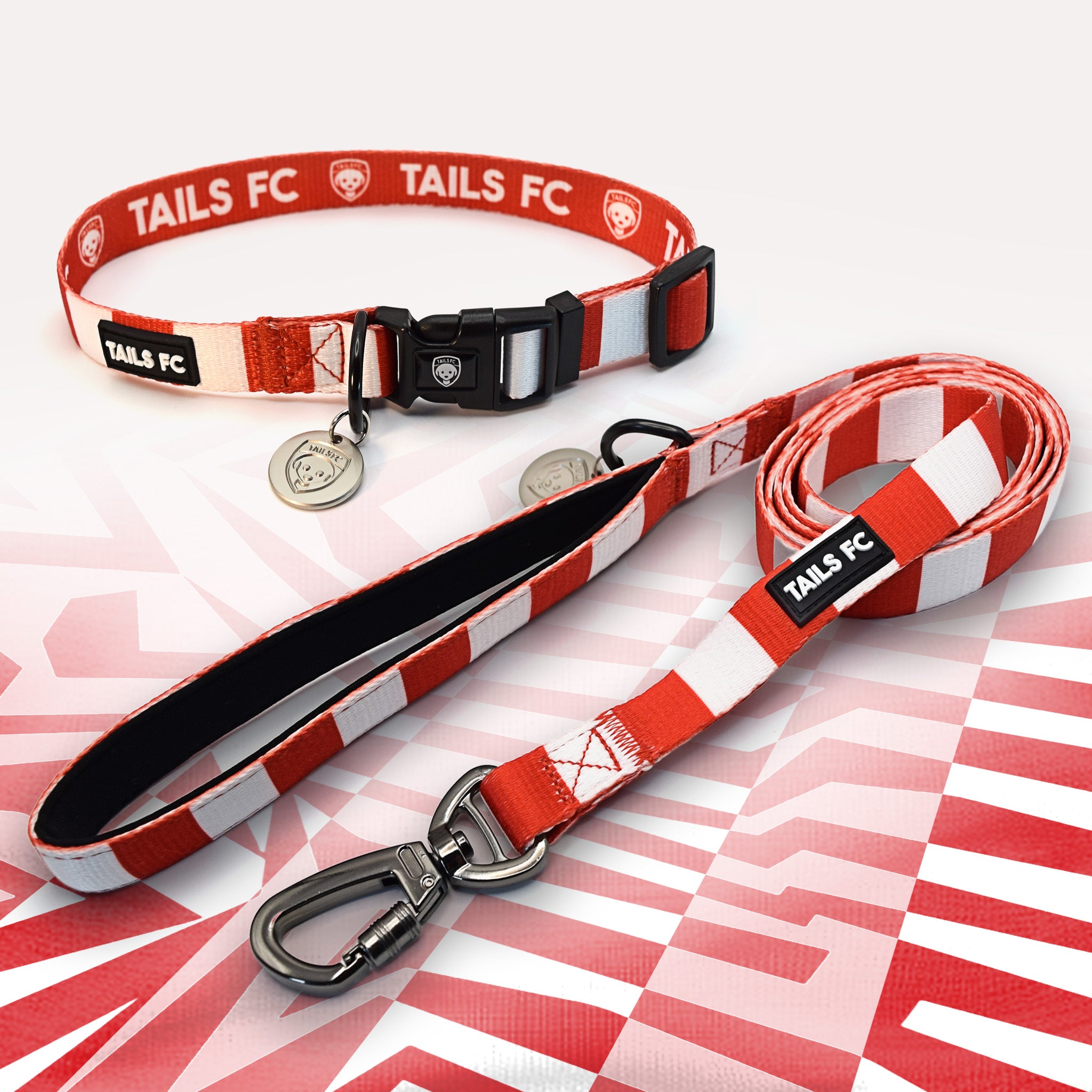 Charlton red and white striped pet collar and leash set with 'TAILS FC' branding.