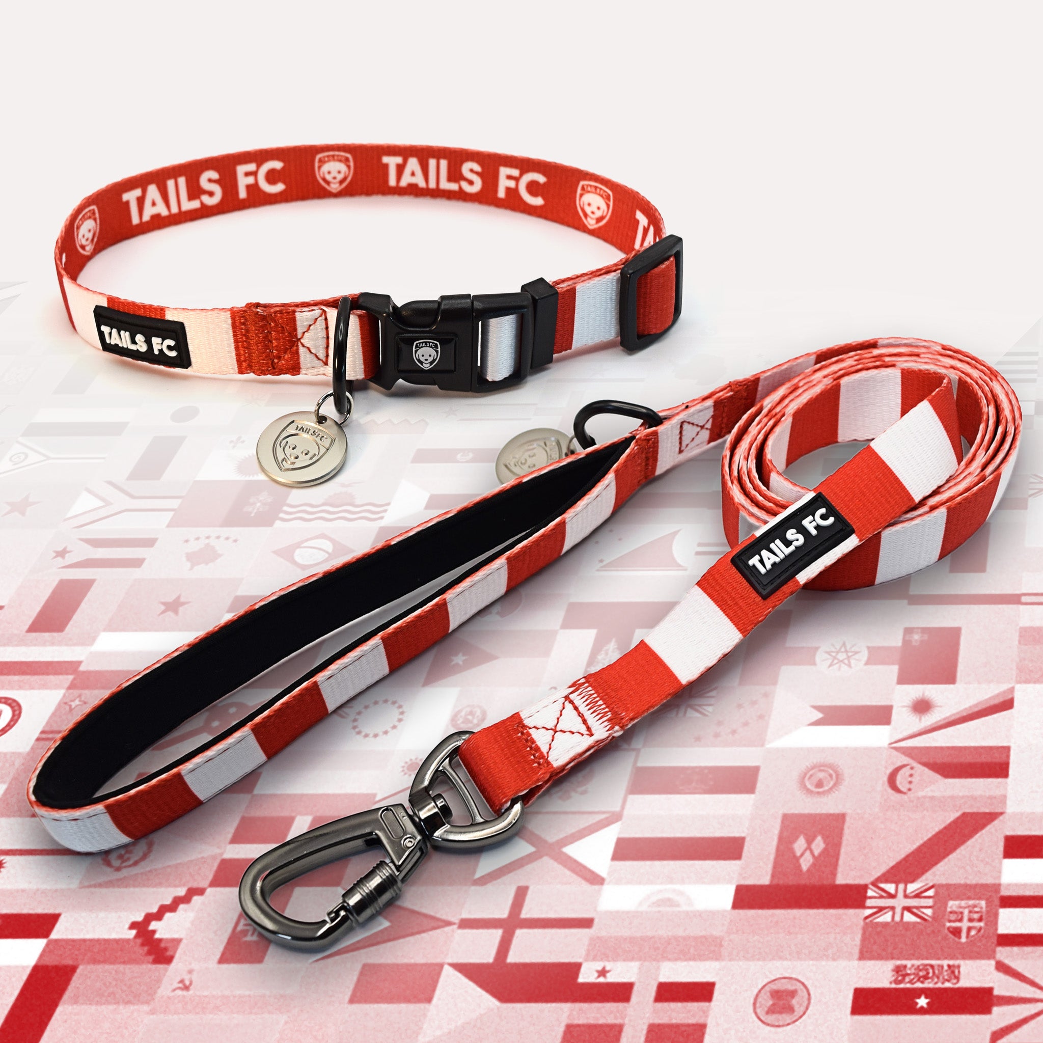England red and white striped pet collar and leash set with 'TAILS FC' branding.
