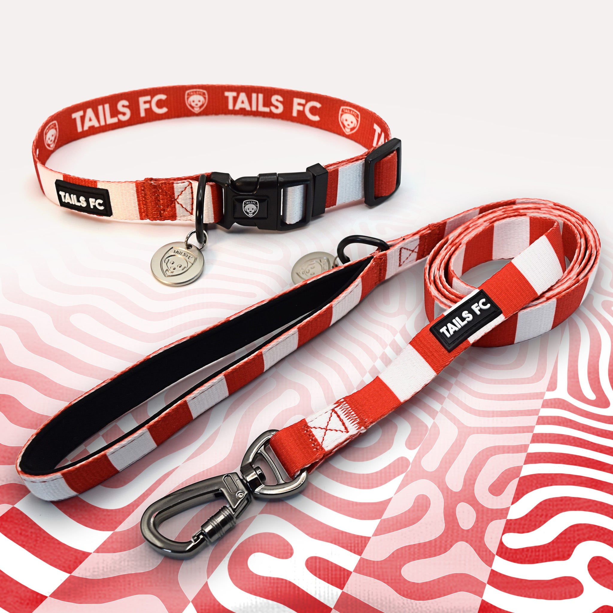 Hearts red and white striped pet collar and leash set with 'TAILS FC' branding.