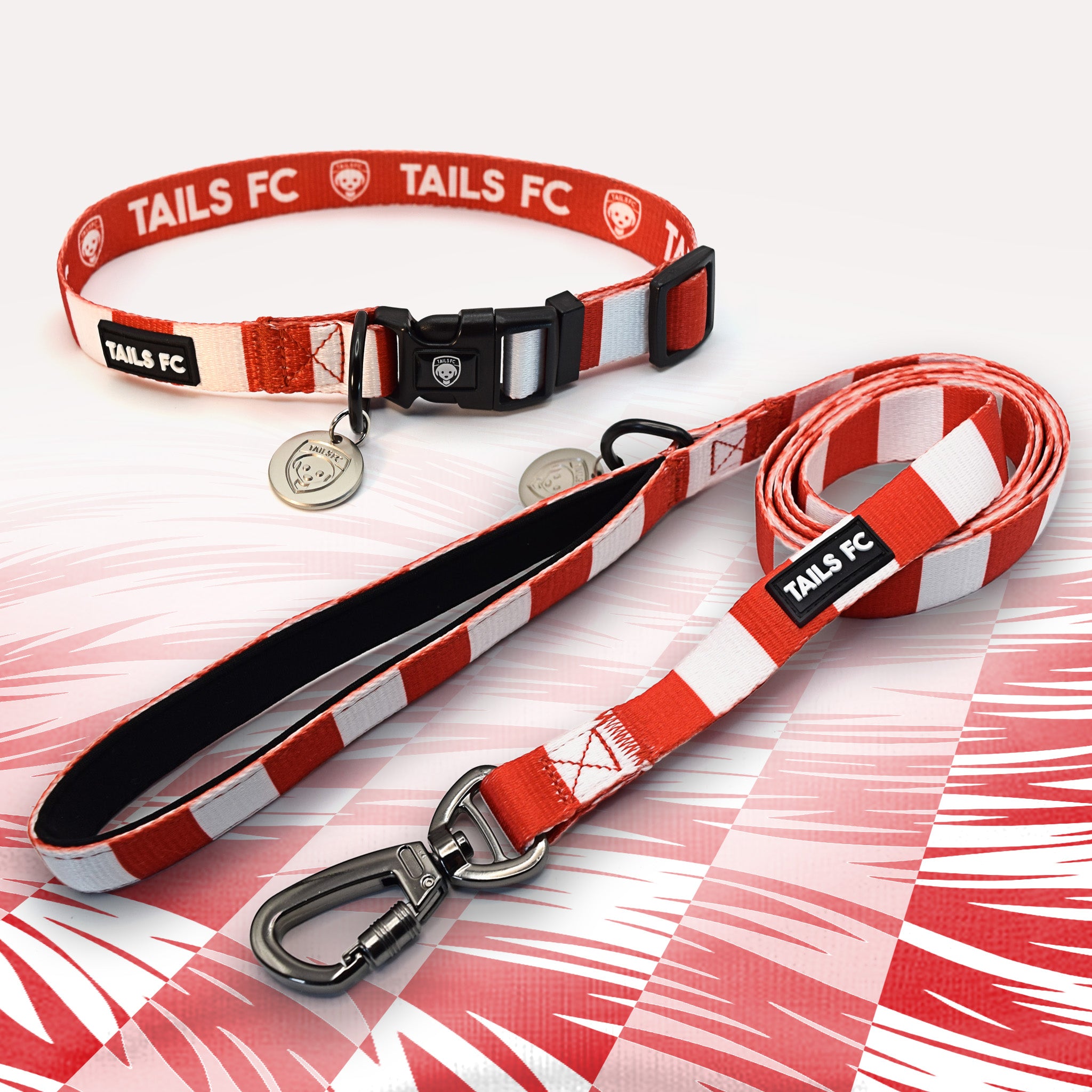 Middlesbrough red and white striped pet collar and leash set with 'TAILS FC' branding.