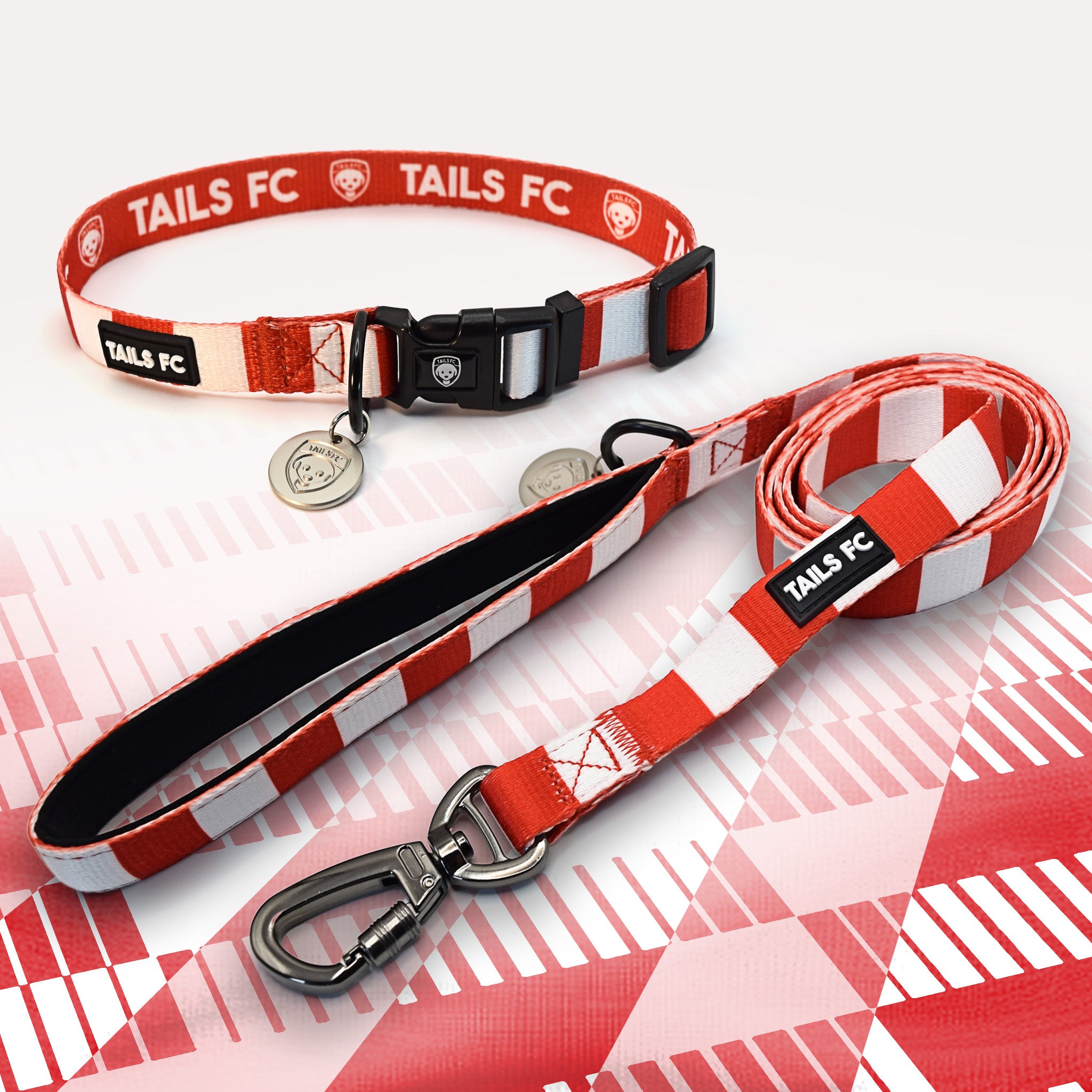 Sheffield United red and white striped pet collar and leash set with 'TAILS FC' branding.