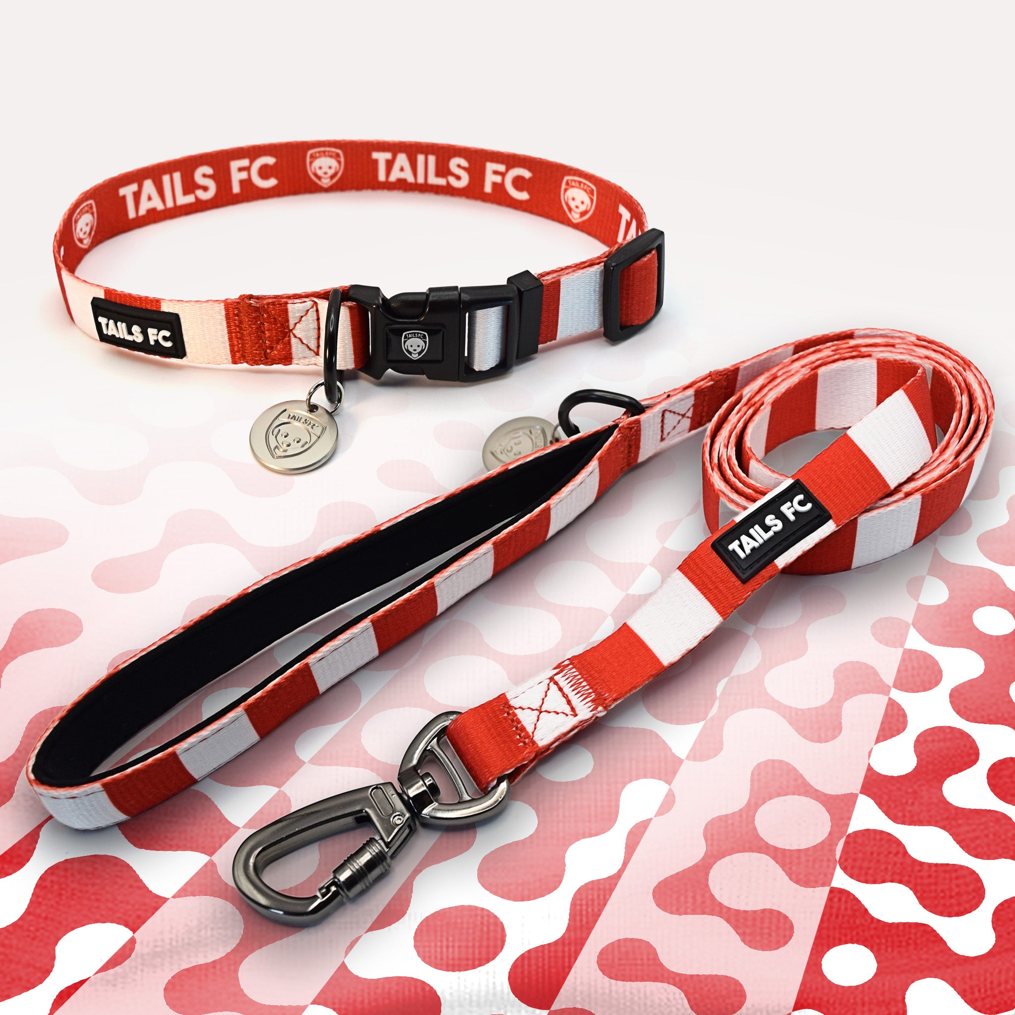 Stoke red and white striped pet collar and leash set with 'TAILS FC' branding.
