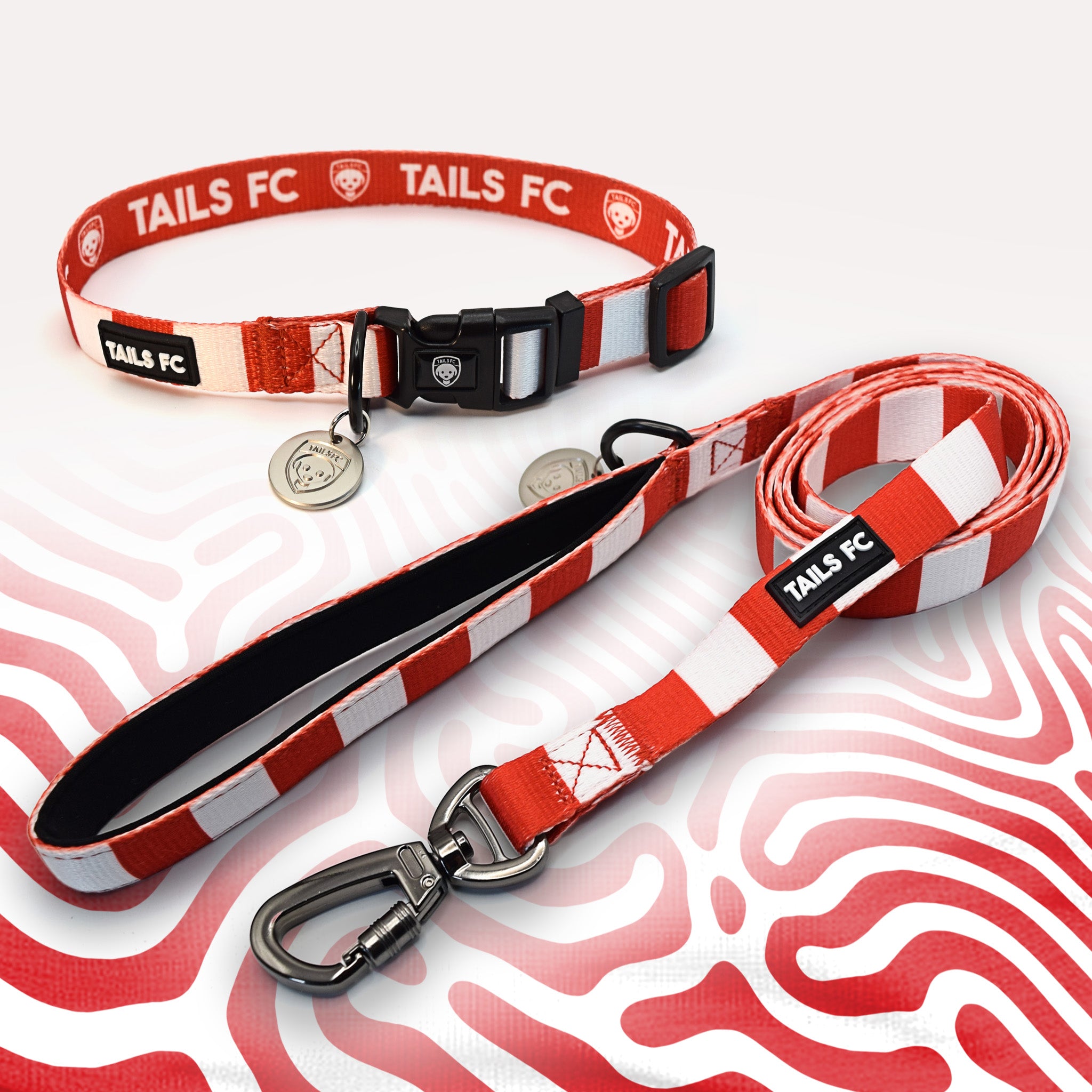 Sunderland red and white dog collar and leash.