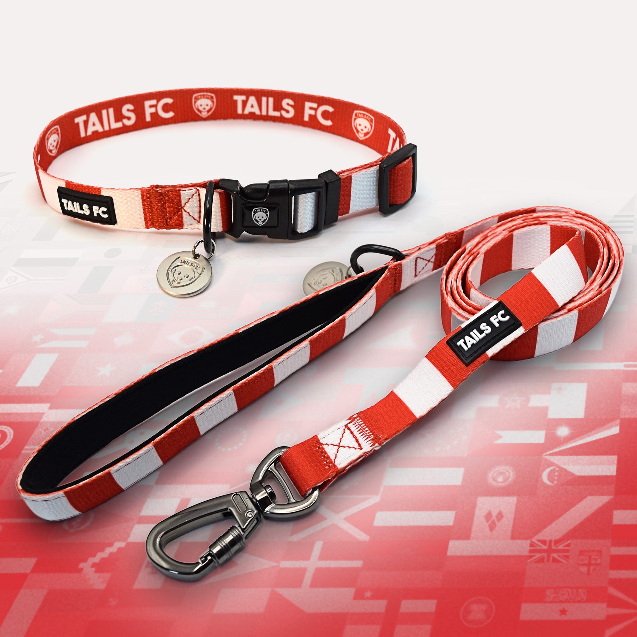 Wales Red and White striped pet collar and leash set with 'TAILS FC' branding.