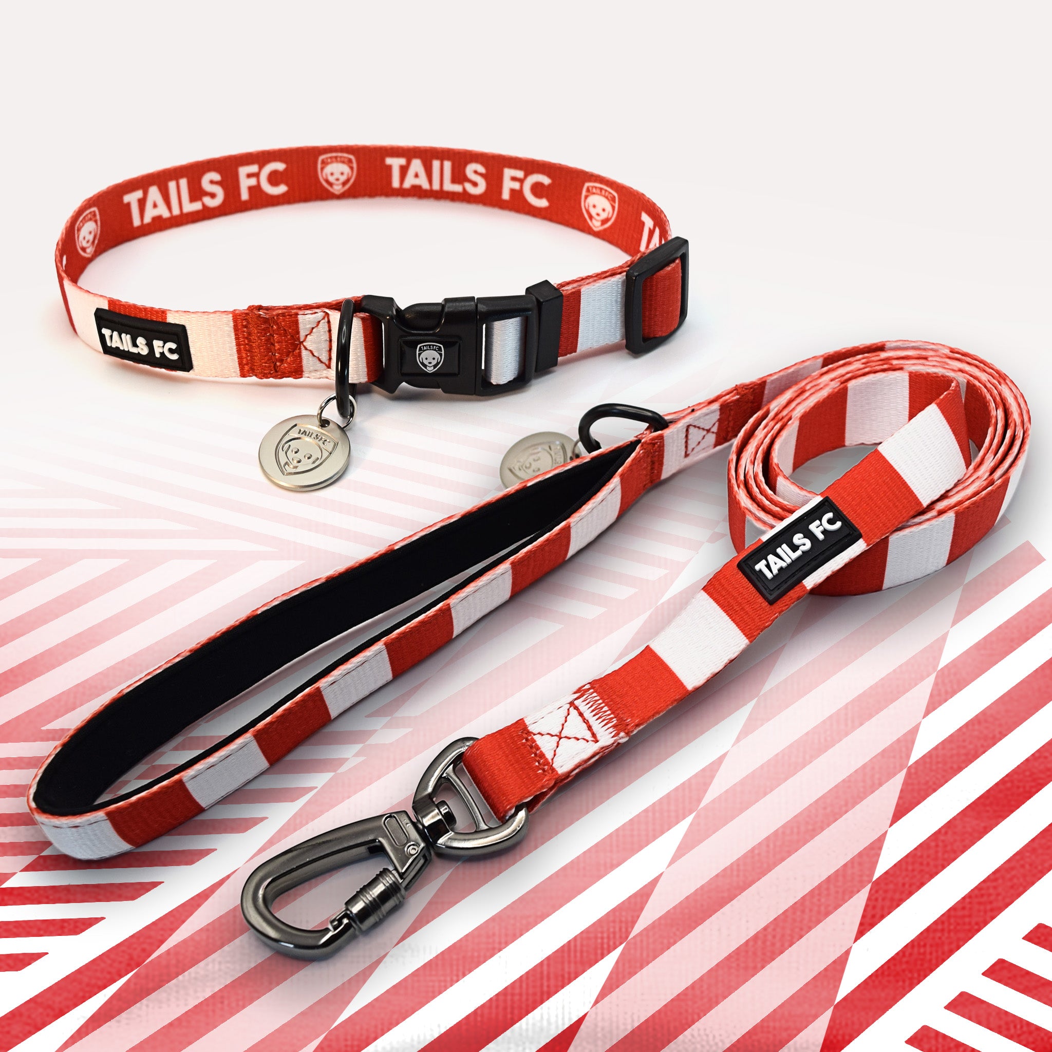 Wrexham red and white striped pet collar and leash set with 'TAILS FC' branding.