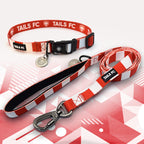 Red and White striped pet collar and leash set with 'TAILS FC' branding.