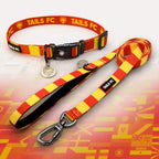 Spain red and yellow striped pet collar and leash set with 'TAILS FC' branding.