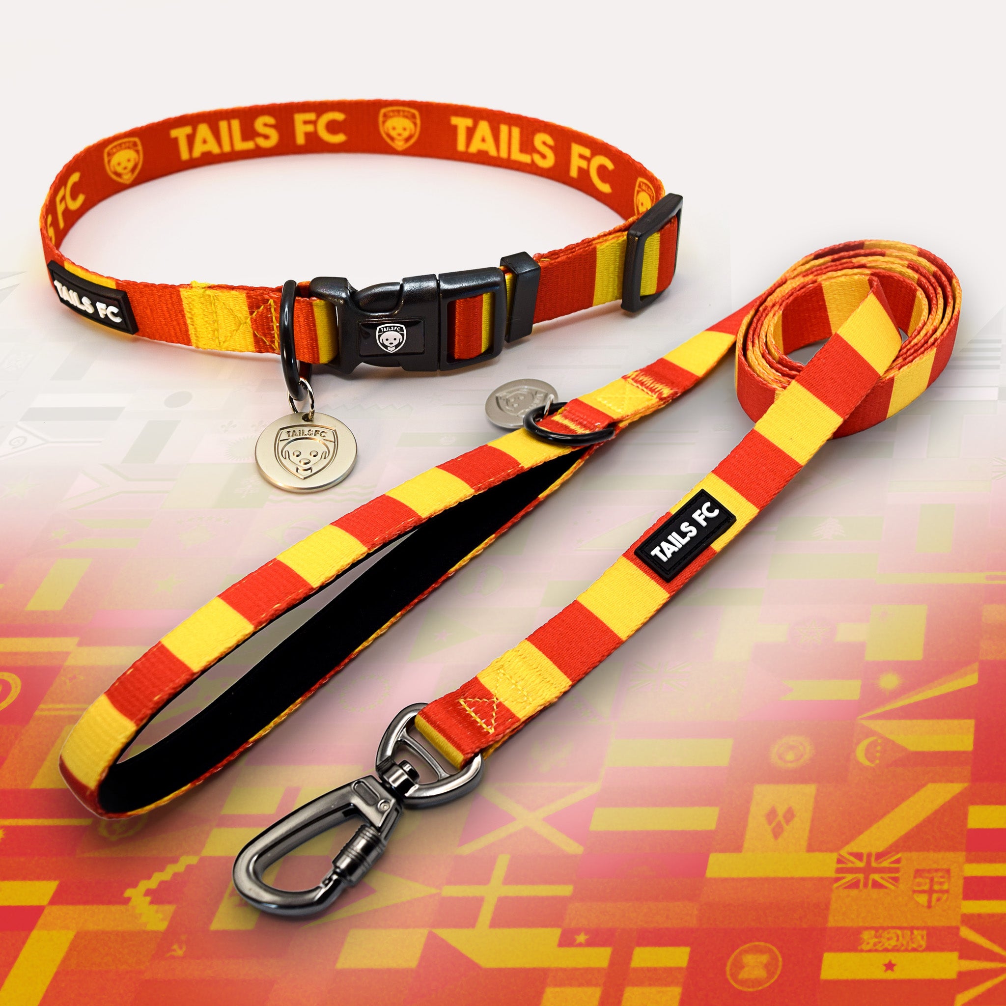 Spain red and yellow striped pet collar and leash set with 'TAILS FC' branding.