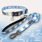Argentina Sky and White striped pet collar and leash set with 'TAILS FC' branding.