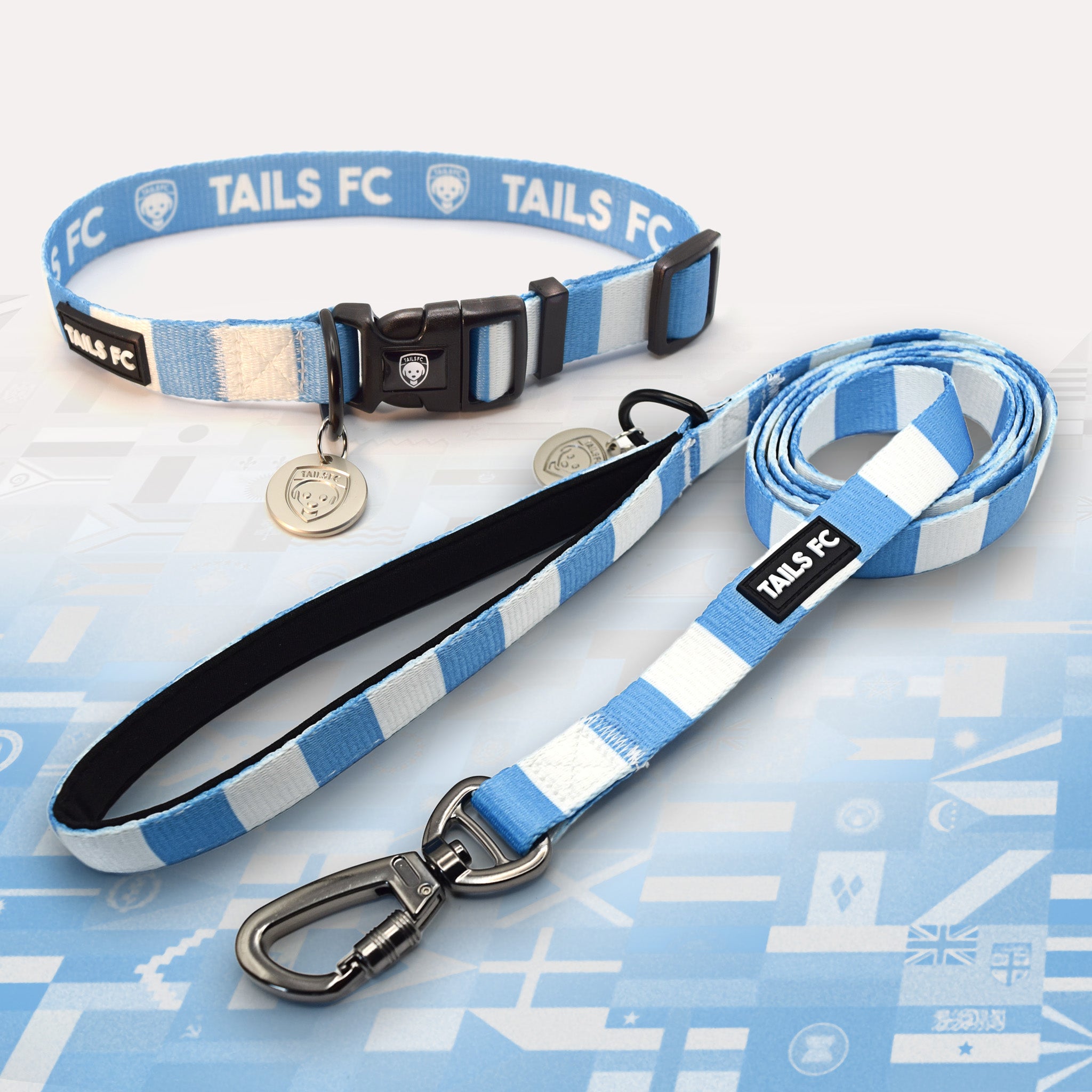 Argentina Sky and White striped pet collar and leash set with 'TAILS FC' branding.