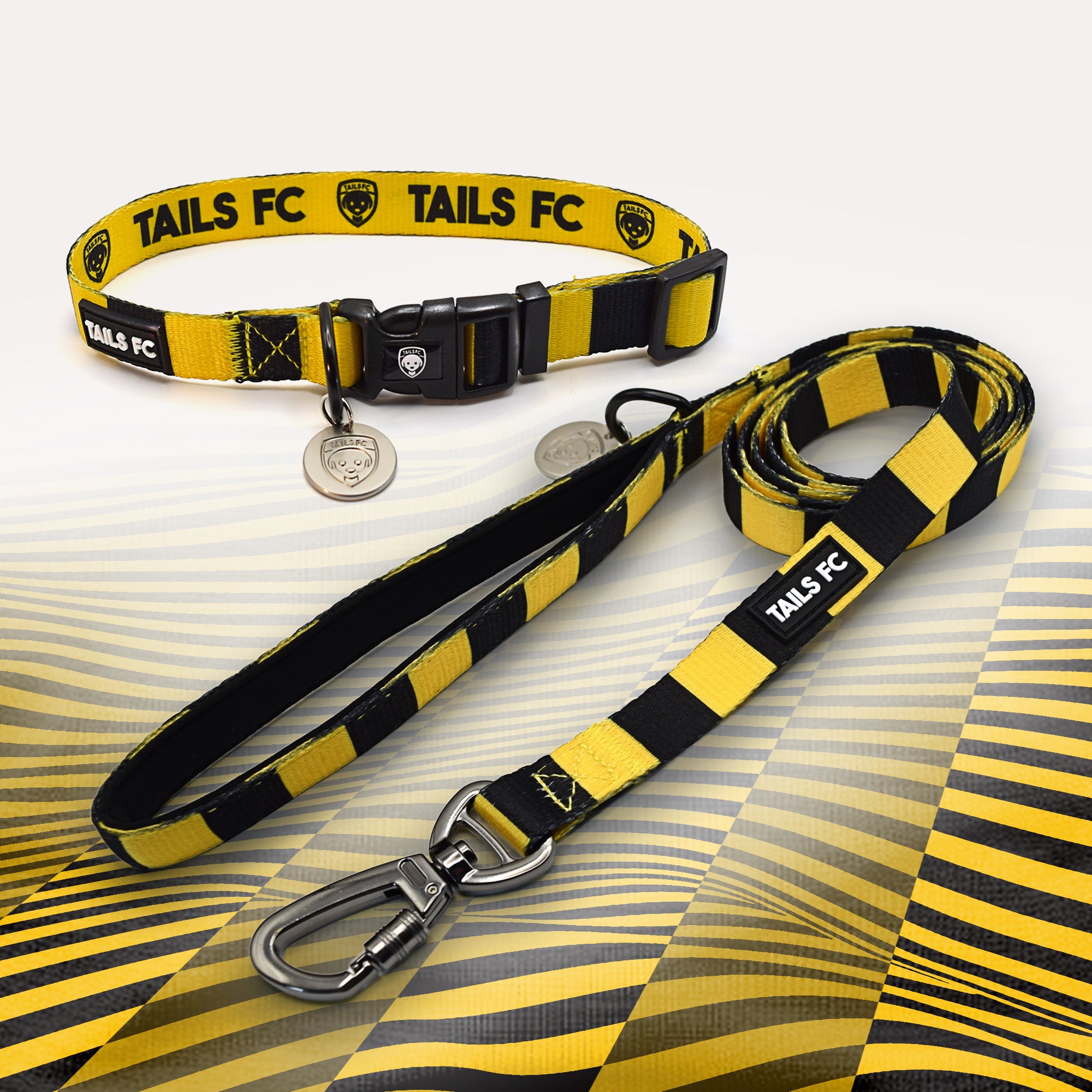 Livingston yellow and black striped pet collar and leash set with 'TAILS FC' branding.