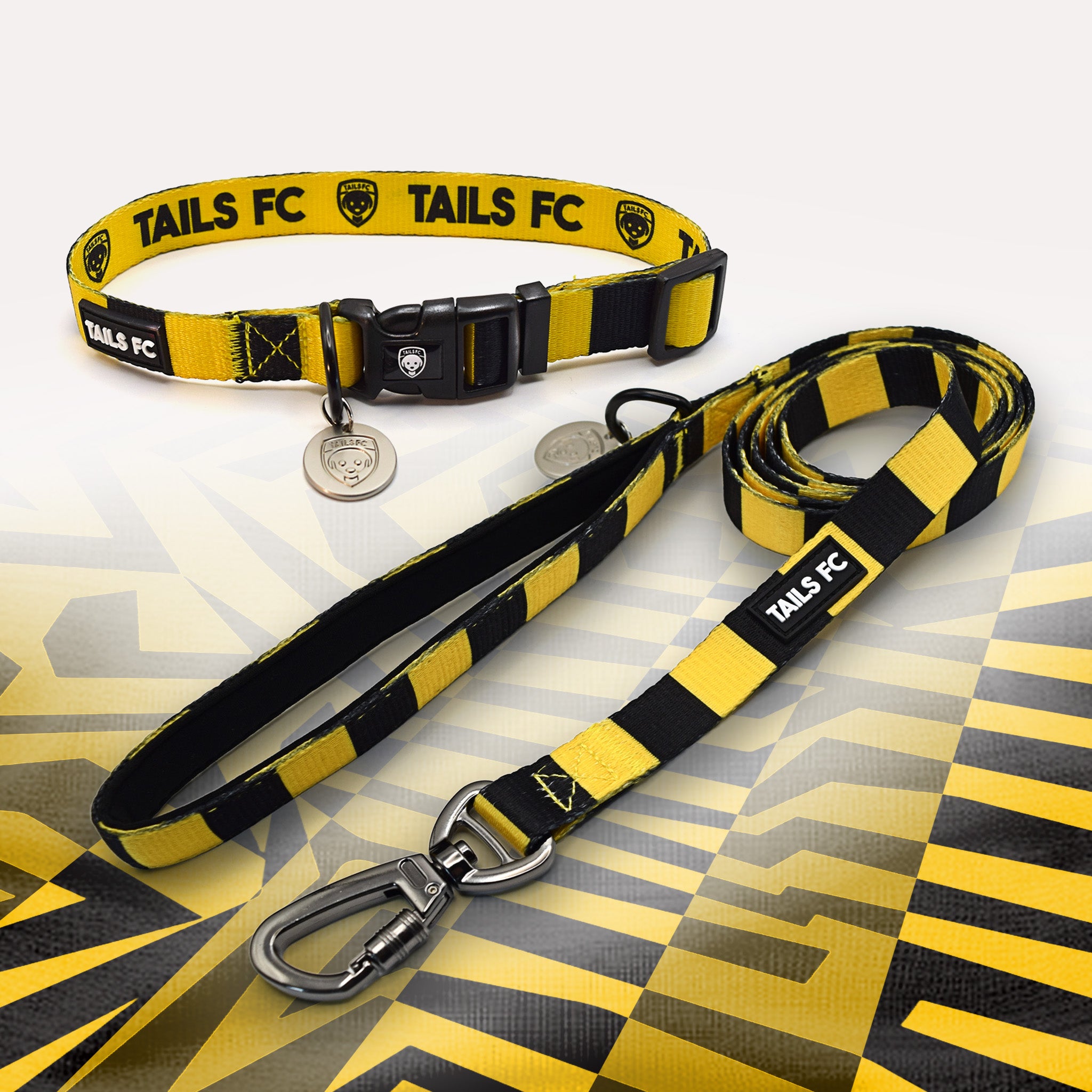 Oxford yellow and black striped pet collar and leash set with 'TAILS FC' branding.