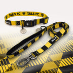 Watford Yellow and black striped pet collar and leash set with 'TAILS FC' branding.