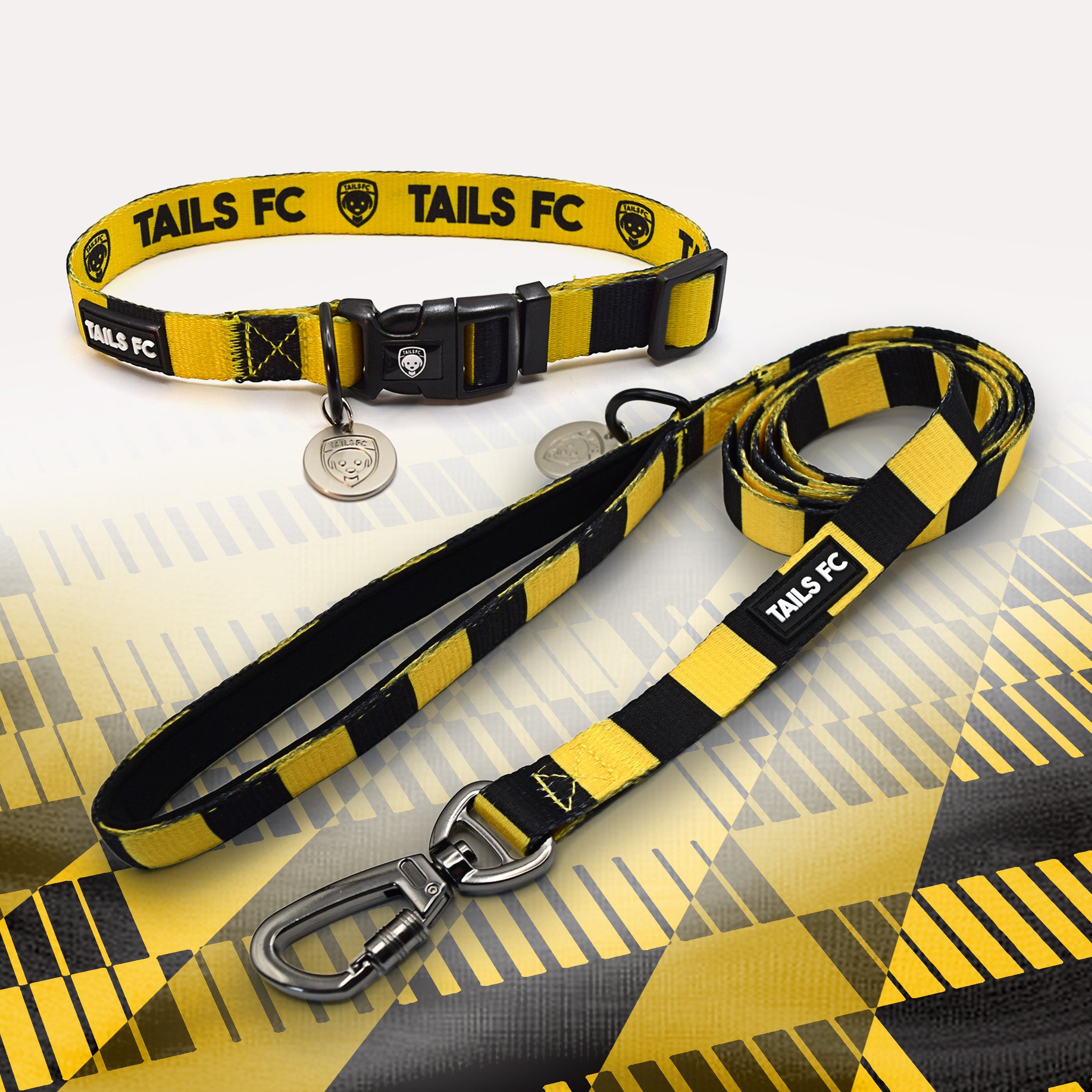 Watford Yellow and black striped pet collar and leash set with 'TAILS FC' branding.