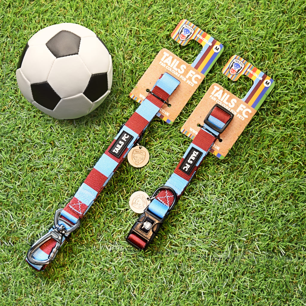 Burnley Dog Set - Claret & Blue Stripe Football Dog Collar and Leash Set