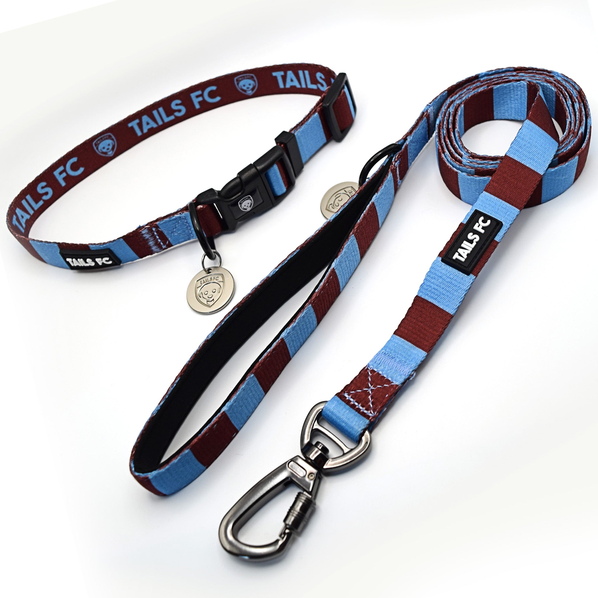 Burnley Dog Set - Claret & Blue Stripe Football Dog Collar and Leash Set