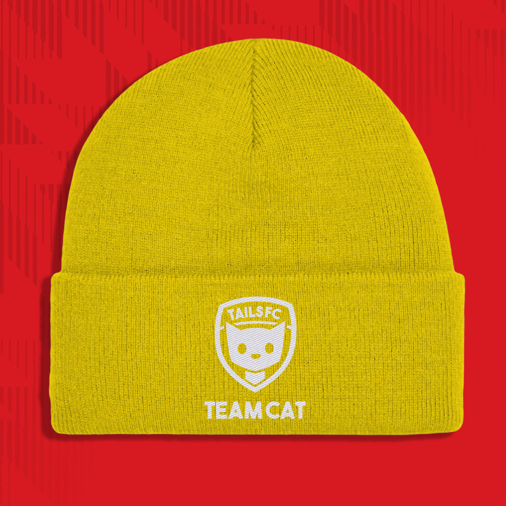 Yellow beanie with 'TAILS FC TEAM CAT' logo on a red background