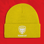 Yellow beanie with 'TAILS FC TEAM CAT' logo on a red background