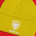 Yellow beanie with 'TAILSFC TEAM CAT' logo on a red background