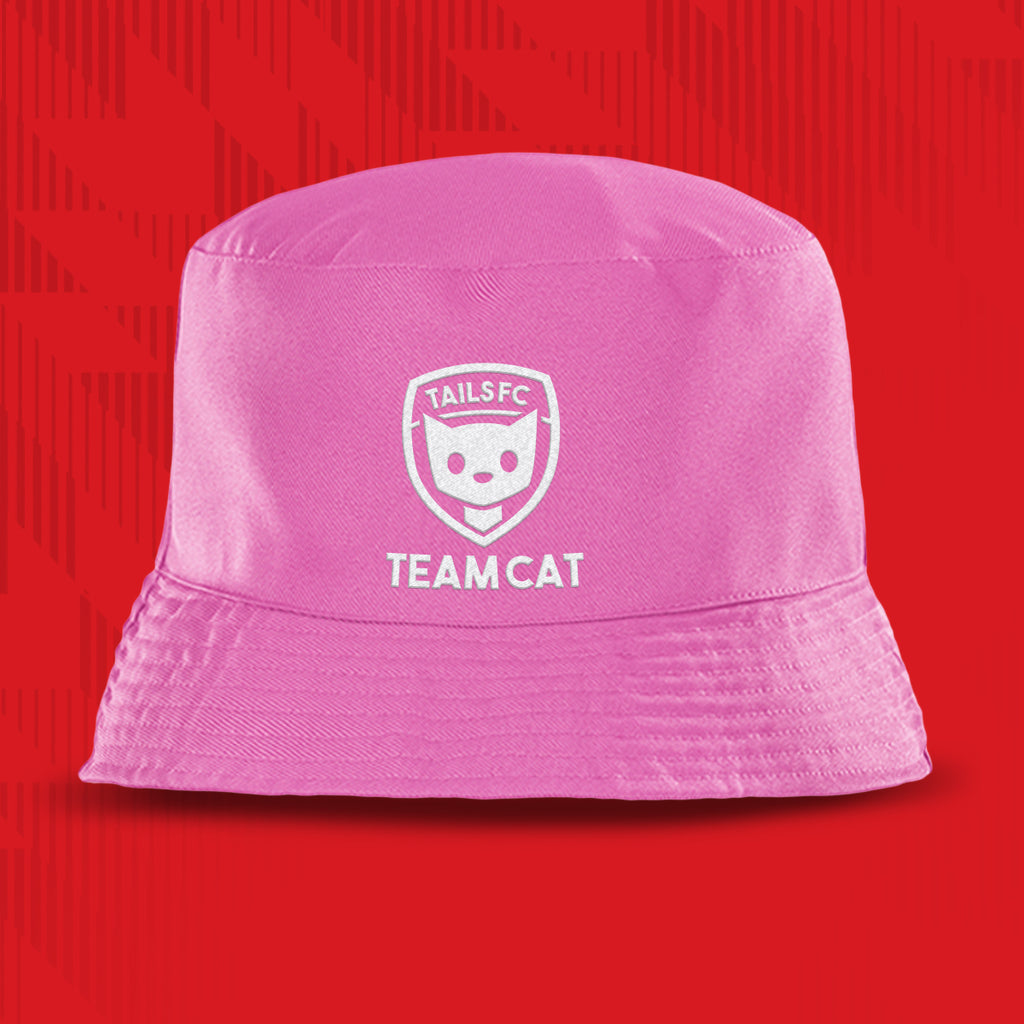 Tails FC Pink bucket hat with 'TEAM CAT' logo on a red background