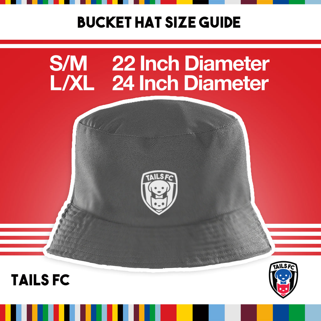 Gray bucket hat with TAILS FC logo on a red background with size guide text.