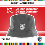 Gray bucket hat with TAILS FC logo on a red background with size guide text.