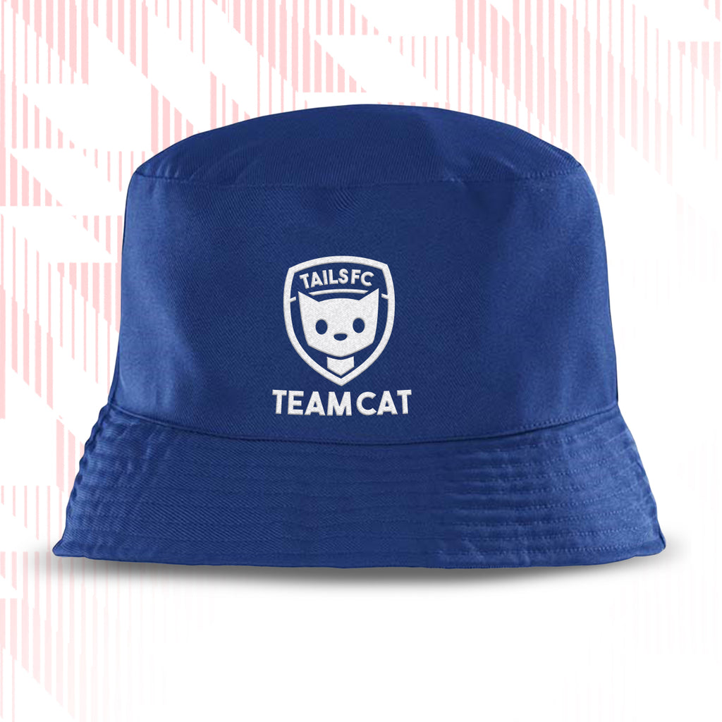Blue bucket hat with 'TAILS FC TEAM CAT' logo on a white background