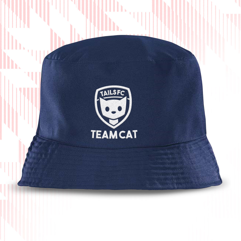 Navy blue bucket hat with 'TAILS FC TEAM CAT' logo on a white background