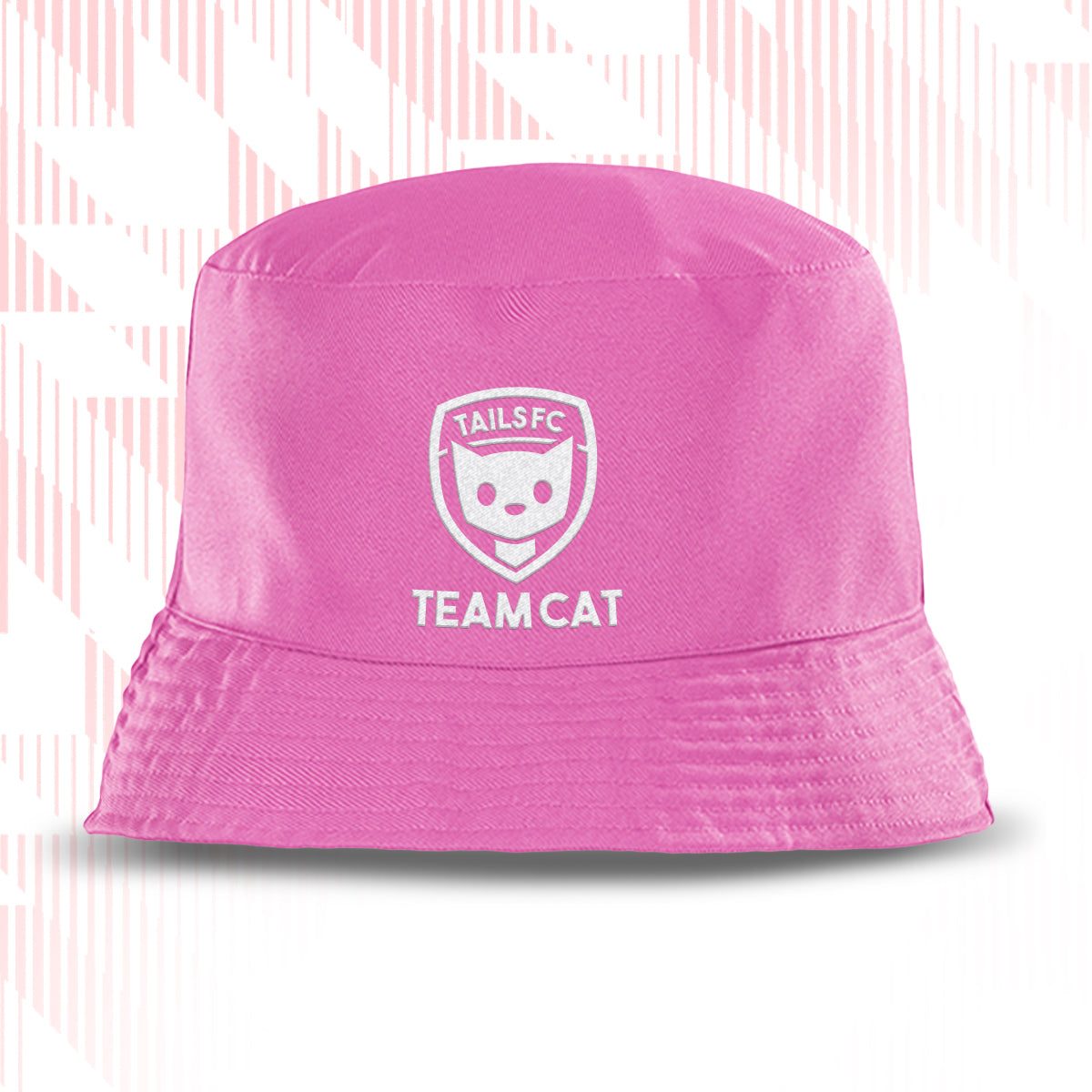 Tails FC Pink bucket hat with 'TEAM CAT' logo on a white background