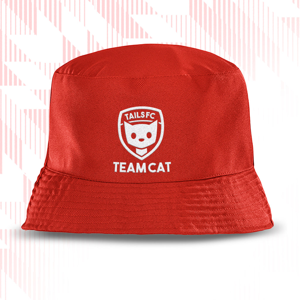 Tails FC Red bucket hat with 'Team Cat' logo on a white background