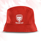 Tails FC Red bucket hat with 'Team Cat' logo on a white background