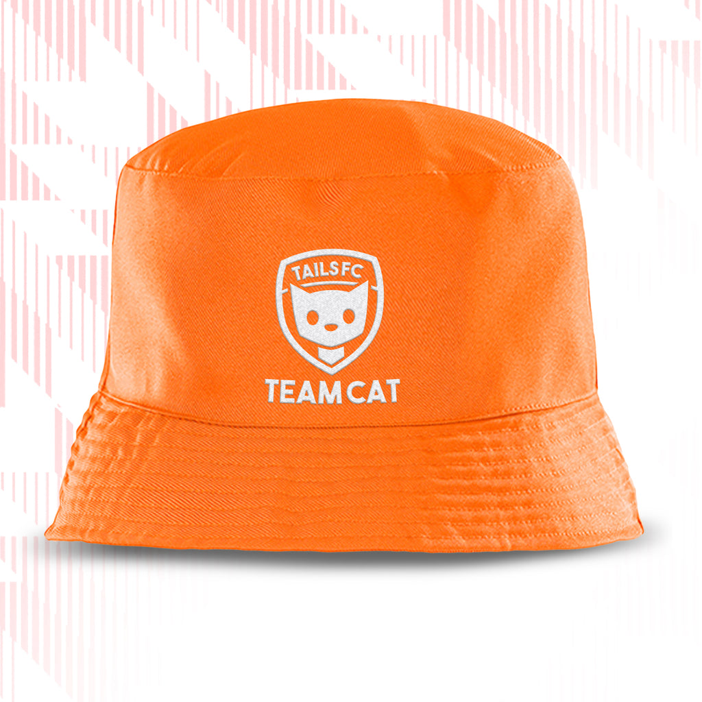 Tails FC Orange bucket hat with 'TAILS FC TEAM CAT' logo on a white background