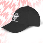 Tails FC Black cap with 'Team Cat' logo on a pink and white abstract background
