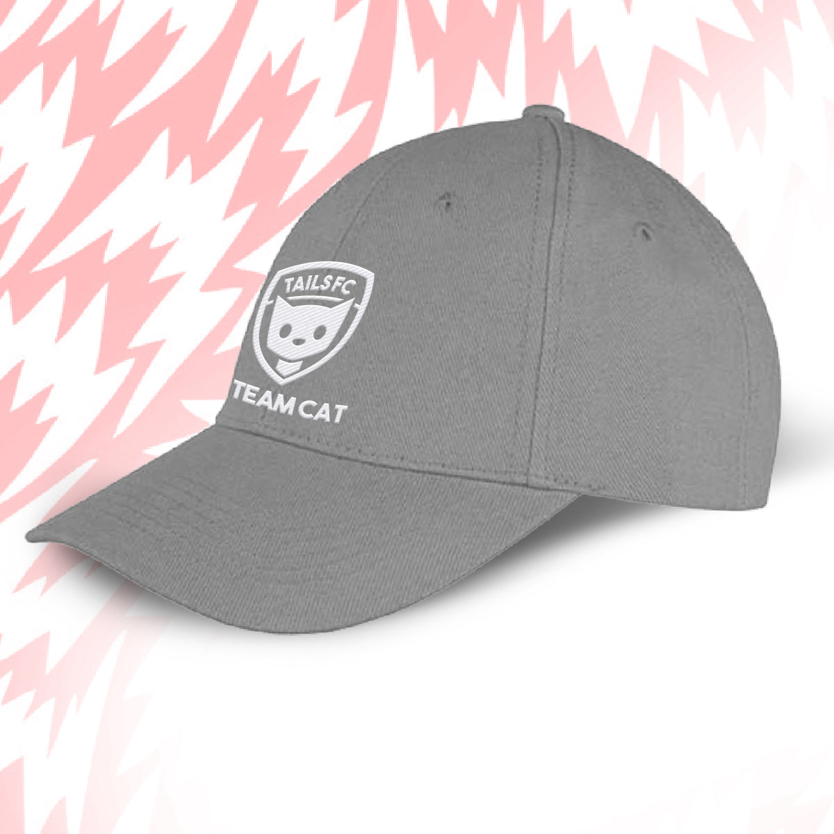 Tails FC Gray cap with 'Team Cat' logo on a pink and white background