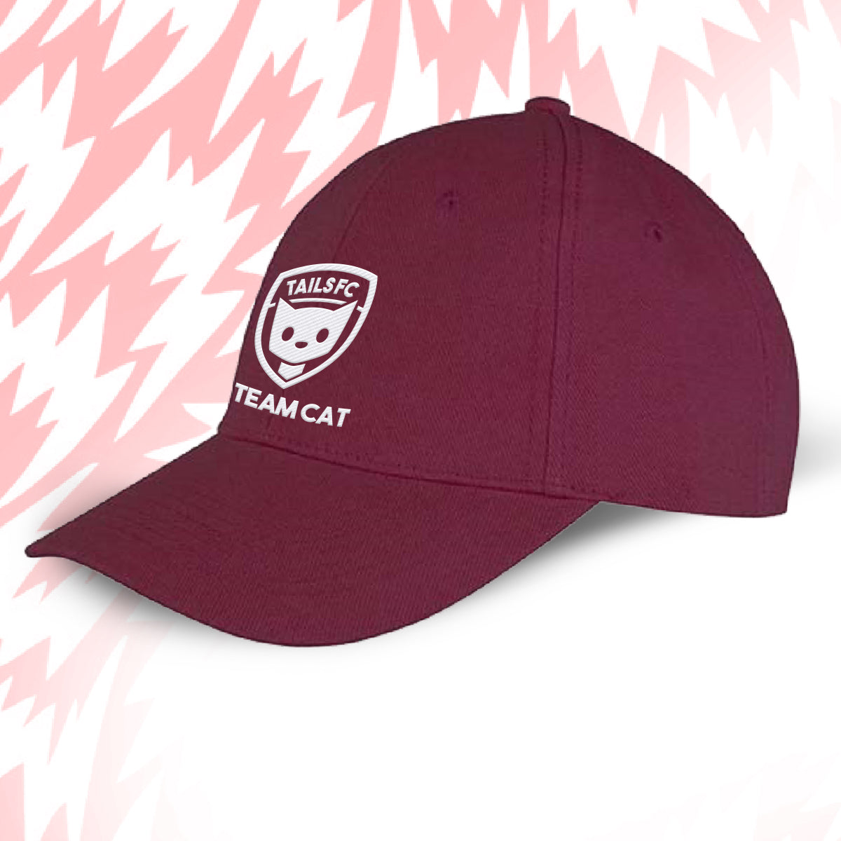 Tails FC Maroon cap with 'Team Cat' logo on a pink background