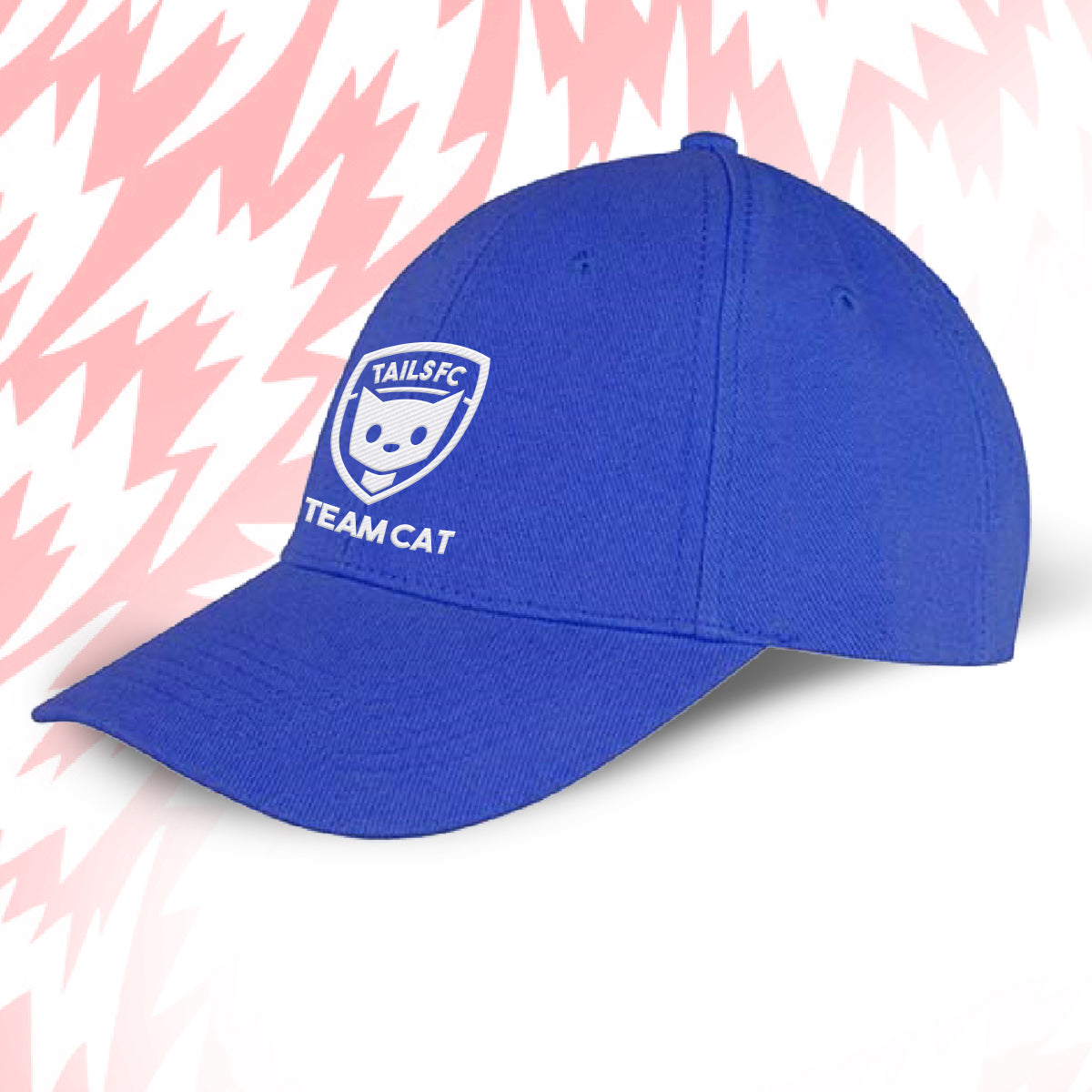 Tails FC Blue cap with 'Team Cat' logo on a pink background with white shapes